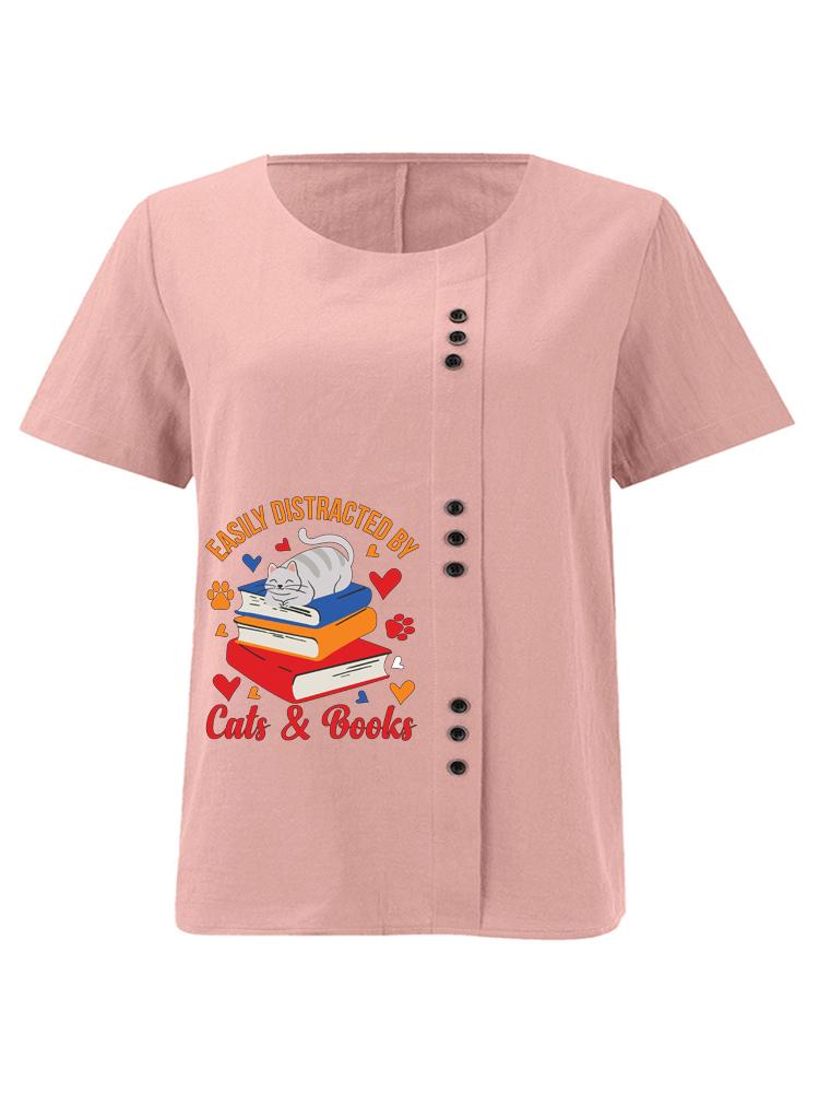 Women s Fashion The Cat in the Book Print Shot Sleeve T-shirt Loose Cotton Shirt Casual Loose Summer Plus Size Blouse Tops S розовый