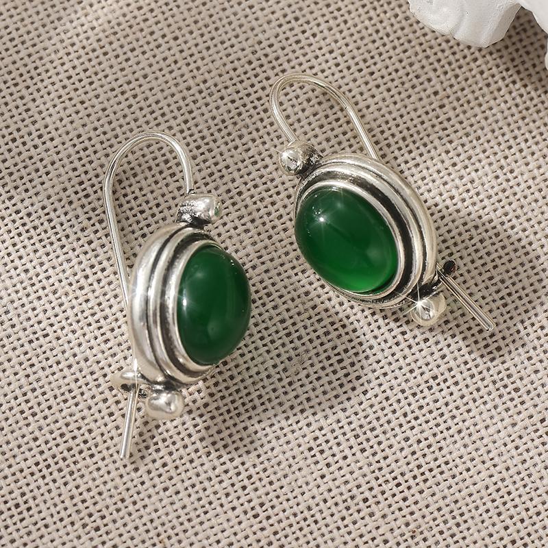 Ethnic Silver Color Green Stone Dangle Earrings Woman Geometry Party Daily Wear
