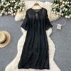 Hollowed-out Grid Knitted Dress Summer Lace-up Short-sleeved Slit Loose Dress