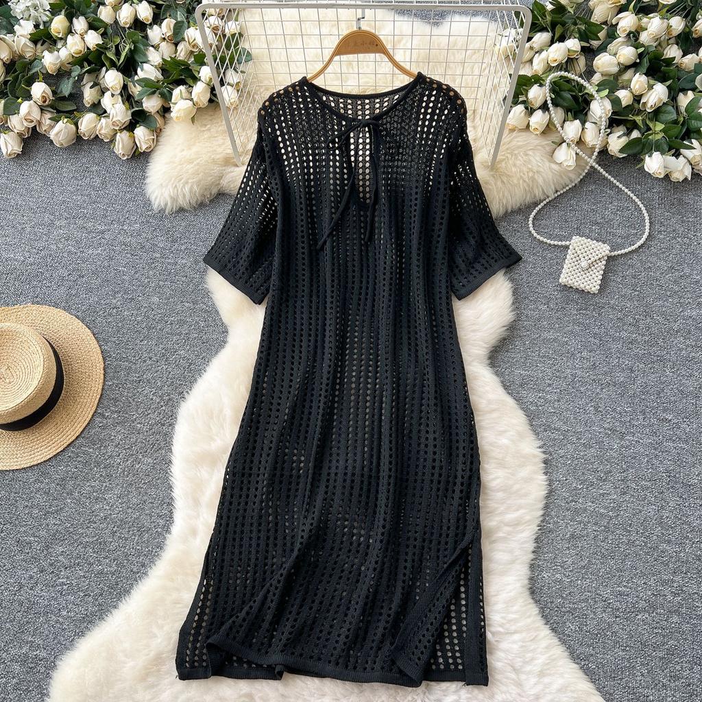 Hollowed-out Grid Knitted Dress Summer Lace-up Short-sleeved Slit Loose Dress