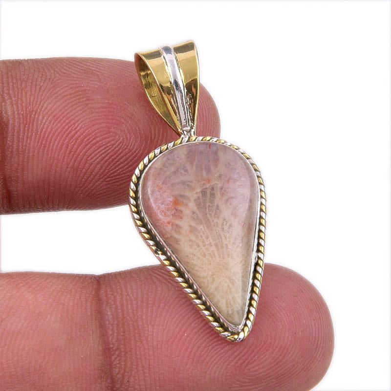 

Natural Fossil Coral 925 Solid Sterling Silver TwoTone Gift Pendant 1.50 e5e49