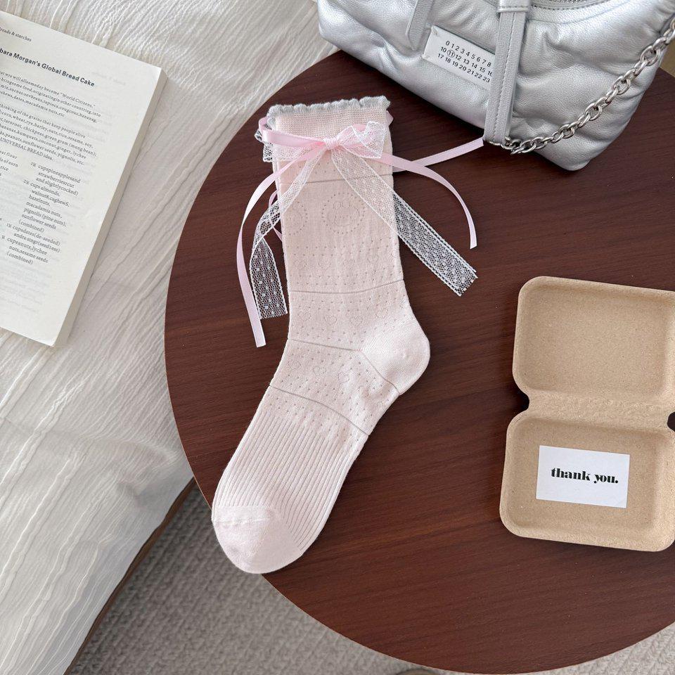 Miu-Style Bow Streamer Mid-Calf Ballet Socks - Spring & Summer JK School Style Women's Versatile Slouch Socks