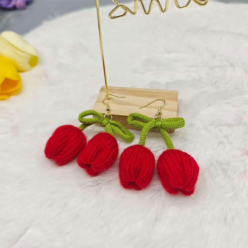 Очаровательные вязаные шерстяные серьги-тюльпаны для женщин красный