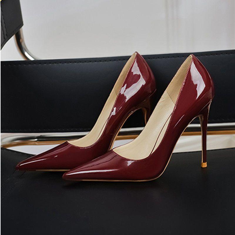 With skirt, small leather shoes, large size nude pointed high heels, women's spring and summer new thin heel cm glossy single shoes