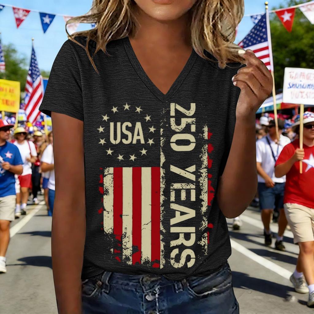 Modisches Lässiges Damen-T-Shirt Mit Kurzarm, Aufdruck und V-Ausschnitt