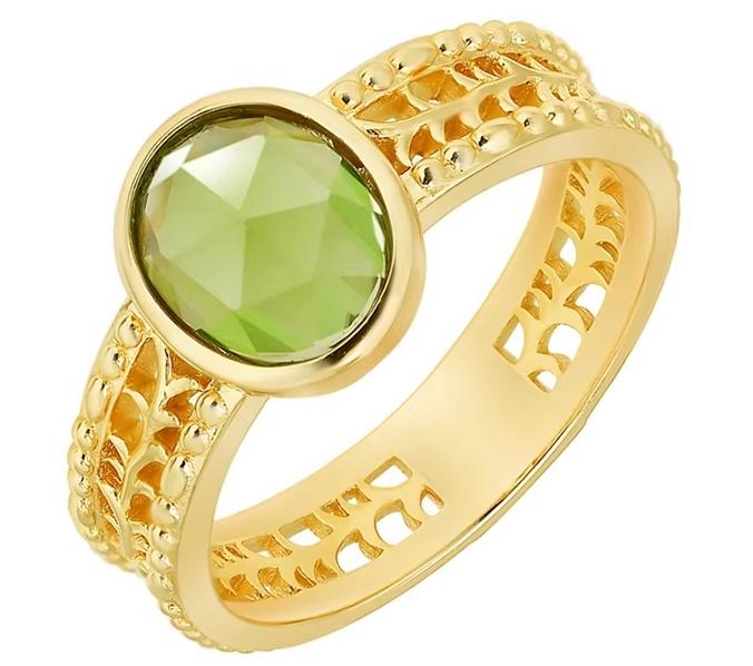 Mlluki Factory 925 Sterling Silver 14K Gold Plated Gemstone Retro Hollow Olive Emerald Ring