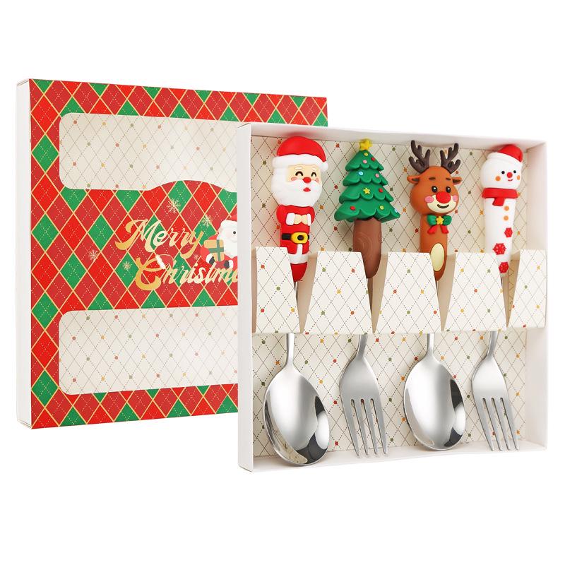 Festive Christmas Cutlery Set: Stainless Steel Cartoon Santa Spoons & Forks In Gift Box