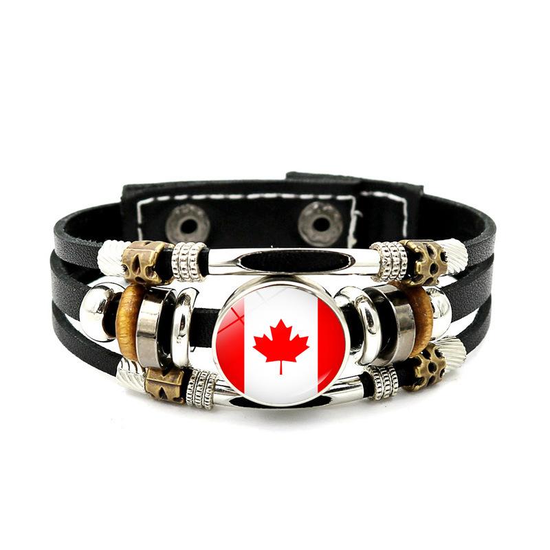 Factory National Country Flag Design Bracelet Crystal Bead Snap Button Sports National Team Jewelry Gift Leather Wrap Bracelet