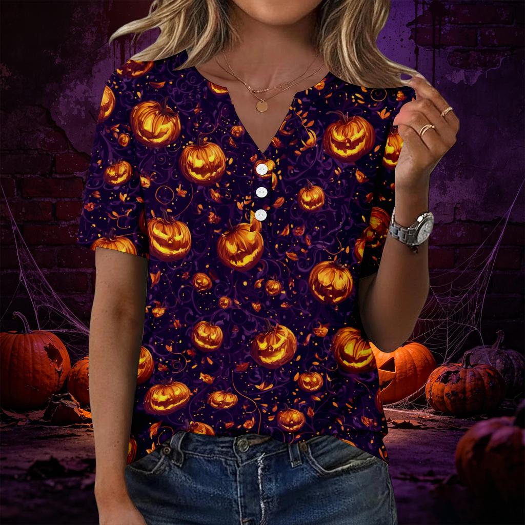 Women’s Casual Halloween Print V Neck Short Sleeve T Shirt Top with Decorative Button for Everyday Wear