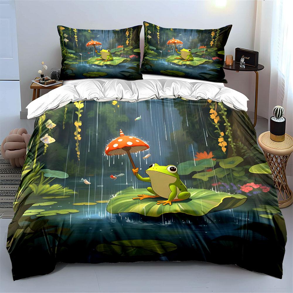 3pcs Frog on lily pad with mushroom umbrella Print Bedding Set 1 Duvet Cover 2 Pillowcases for Adult and Children Luxury Gift