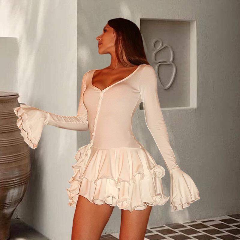 European & American Bell Sleeve Waist-Cinching Short Skirt Dress - Sexy Autumn/Winter Style for Women