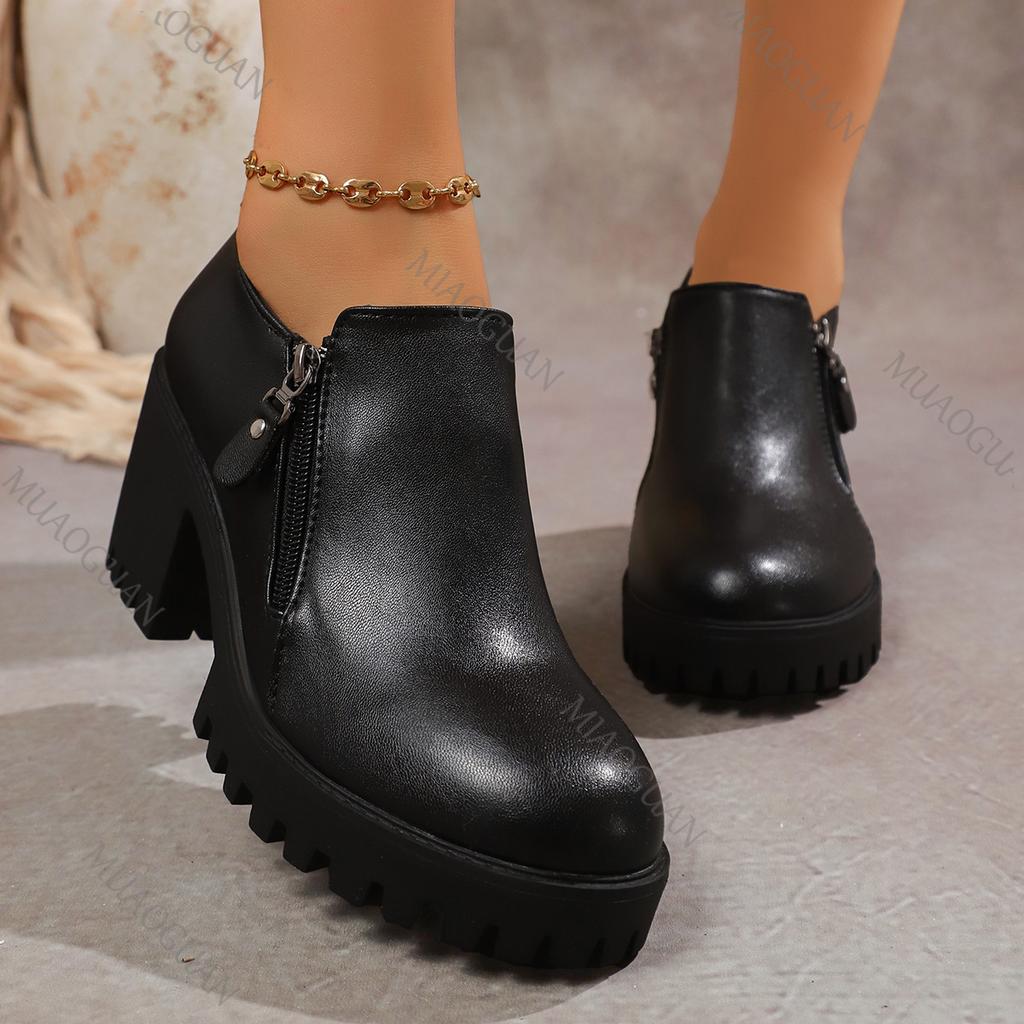 Fashion High Heels Women Leather Shoes 2025 Spring Autumn Thick Bottom Round Head Women Shoes Deep Mouth Side Zipper Pumps for Women