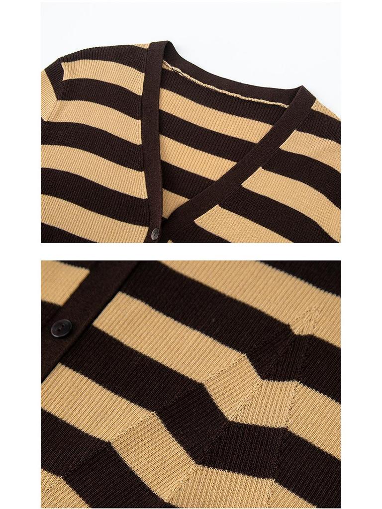 Color Block Striped V-Neck Slimming Knit Women's Cardigan, New Autumn Style, Merino Wool Silk Blend
