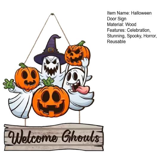 Yousheng Happy Halloween Door Sign for Front Door, Wooden Ghost Pumpkin Hanging Plaque, Spooky Welcome Wreath for Tree, Door, Wall, Party Supplies