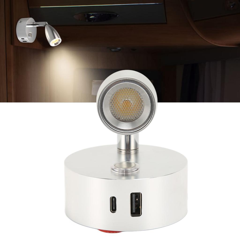 RV Reading Light with USB Type C Port Blue Nightlight 3 Color Dimming Boat Reading Lamp Polished Touch 12‑24V