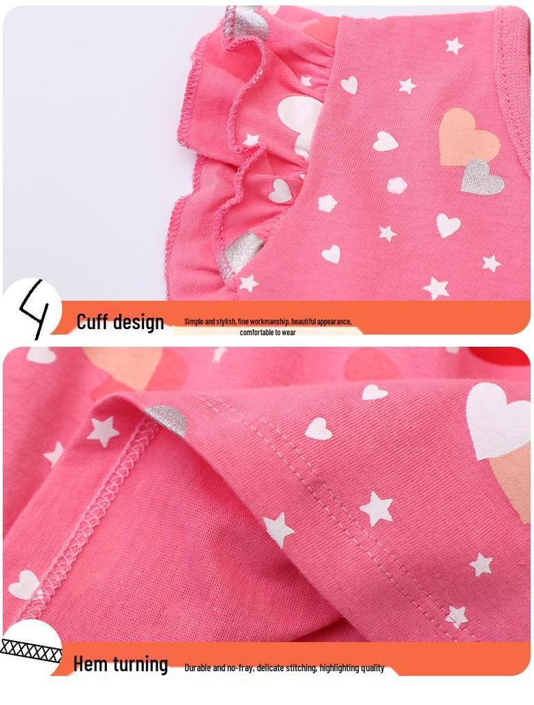 New Summer Heart Pattern Princess Dress - European & American Style, Knitted Cotton, Cartoon Print for Girls