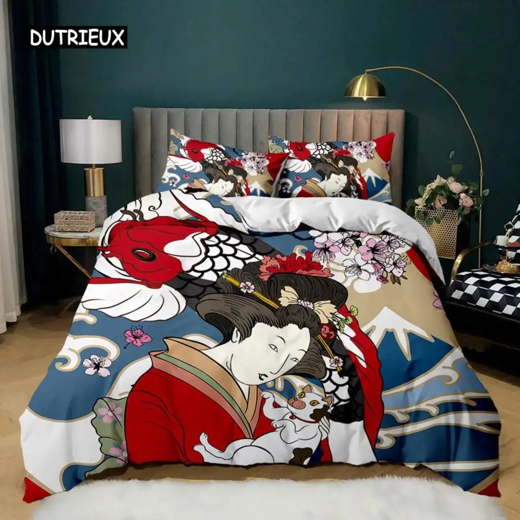 Japanskt Element Påslakanset Geisha Japansk Kultur Tema Enkelsängset Dubbel Queen King Size Polyester Täcke