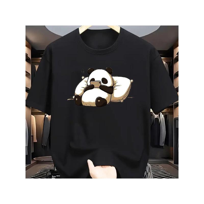 

Европейские размеры Мужская летняя уличная футболка, Дышащий креативный мультяшный принт с пандой, Мягкая свободная футболка с коротким рукавом в уличном стиле S чёрный