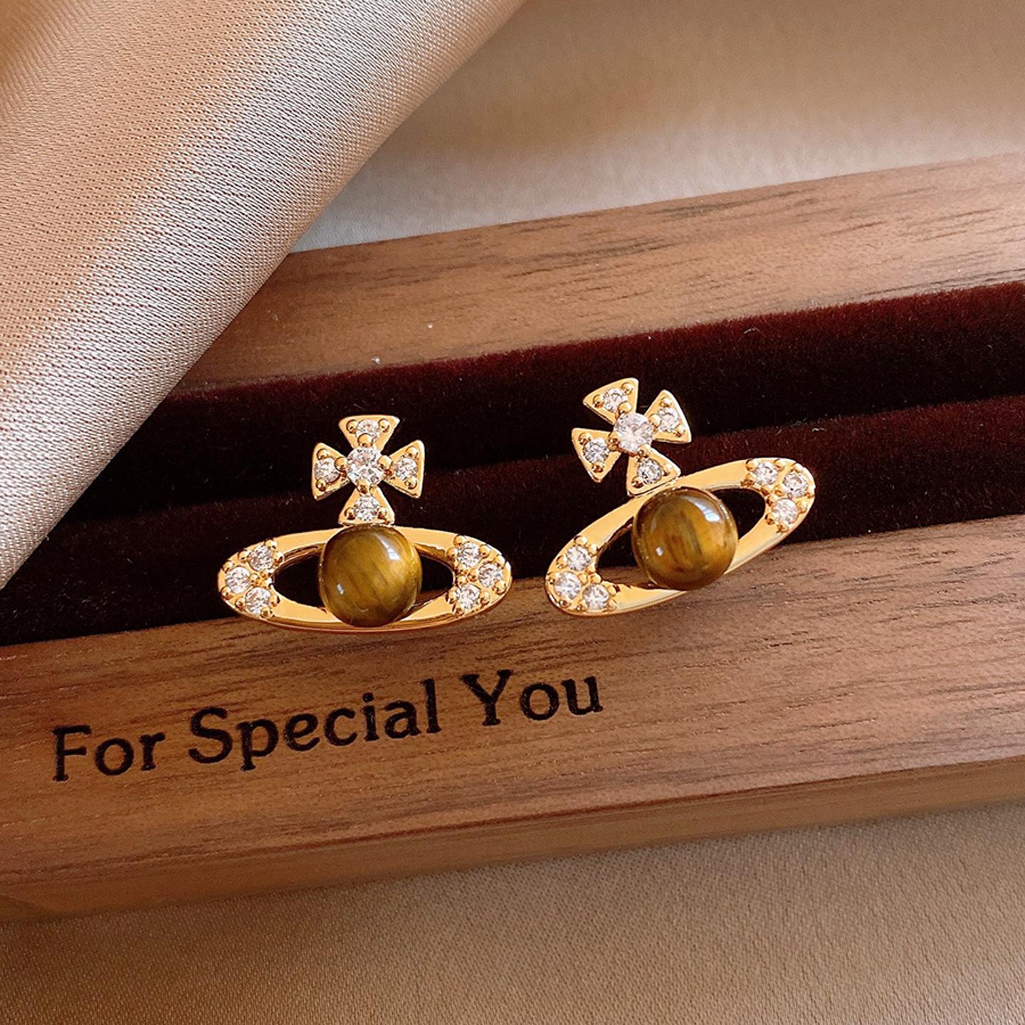 Maillard Vintage Zircon Saturn Geometric Tiger s Eye Earrings Stud Earrings Delicate Earrings Women