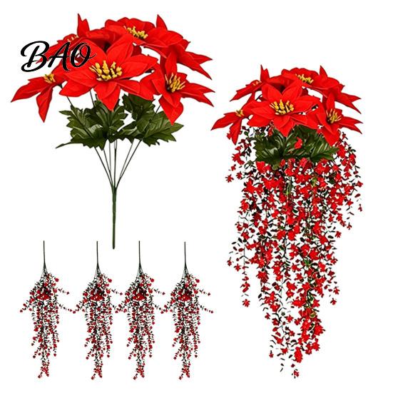 Artificial Floral Arrangement Christmas Poinsettia Hanging Garland, Silk Flowers with Red Berries DIY Ornament And Greenery, 85cm Outdoor Holiday