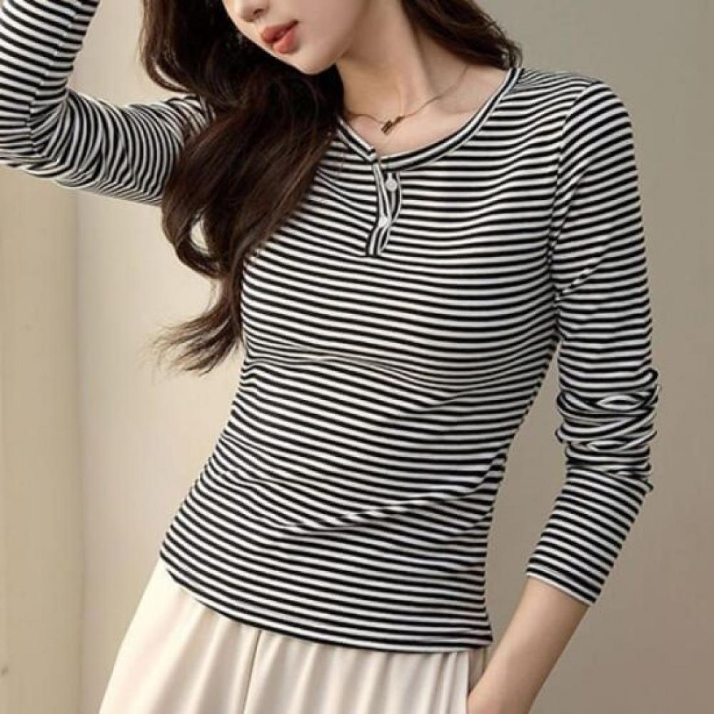 Navava Women Slim FiT STripe Henley Neck Long Sleeve T shirT nT3203