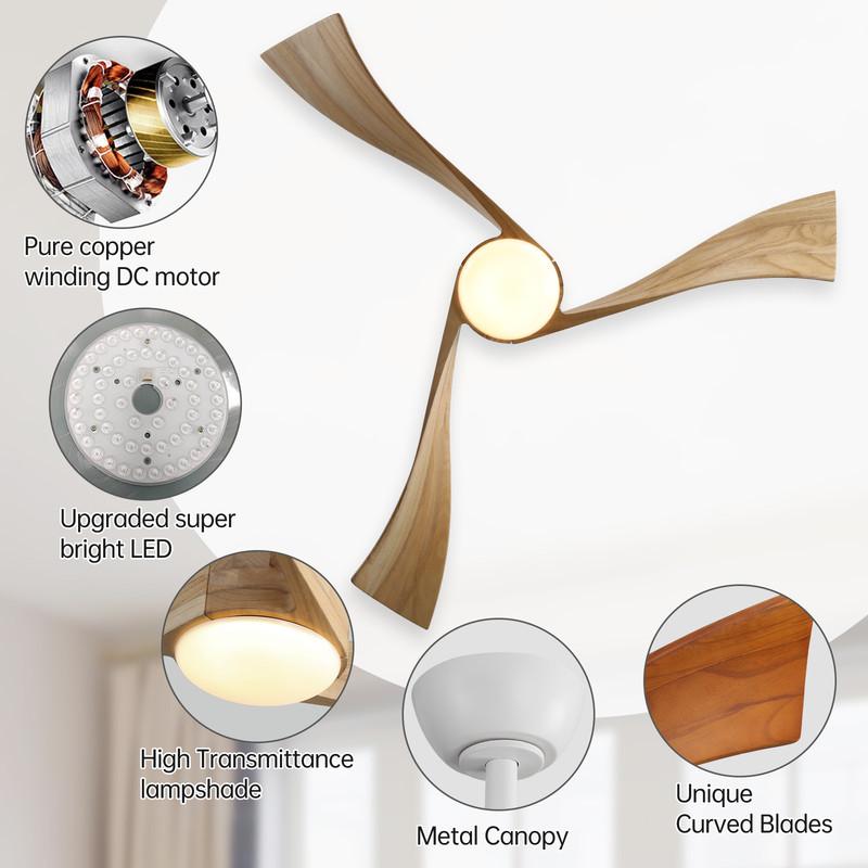 Sofucor 132 cm Ceiling Fan with LED Light, Remote Control, DC Power Supply, Timer, Solid Wood, 2 Colors Available