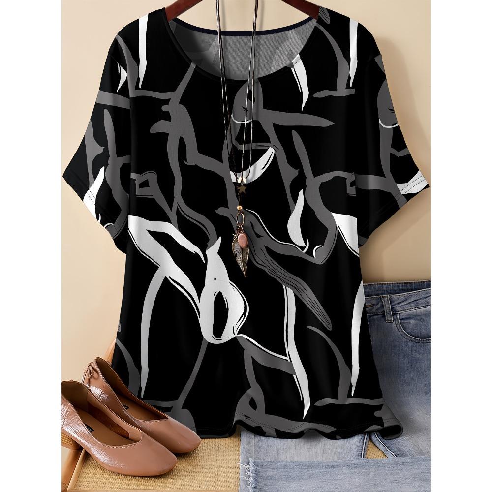 Summer Women Pattern Splicing 3D Printed Short Sleeved T-shirt Fashionable Comfortable Soft Breathable Large Loose Retro Style T-shirt