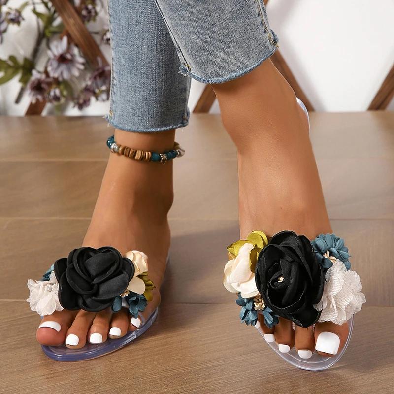 Womens Flowers Decorative Slipper Fashion Transparent Flat Non-Slip Boho Style Open Toe Beach Sandals for Women Summer New Style