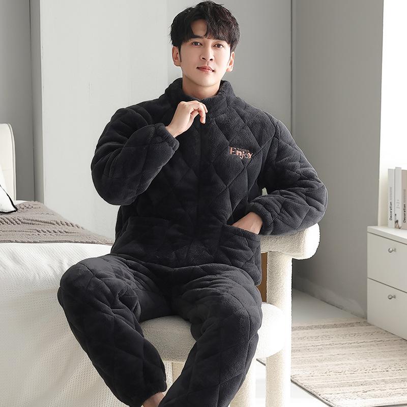 Winter Couple Pajamas Women'S Three-Layer Padded Cotton Thickened And Velvet Winter New Warm Men'S And Women'S Zipper Loungewear Set