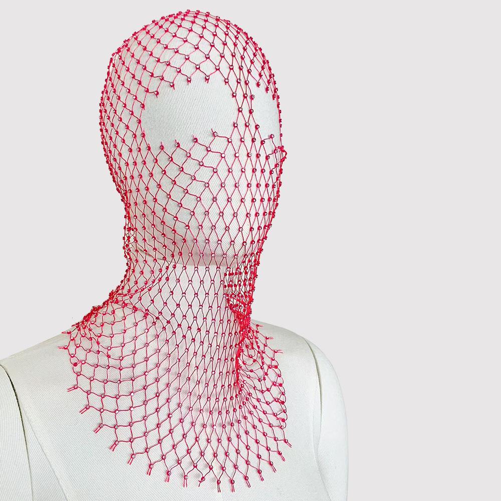 Rhinestone Fishnet Headscarf & Diamond Mask - Trendy Holiday Party Hat & Fashion Statement.