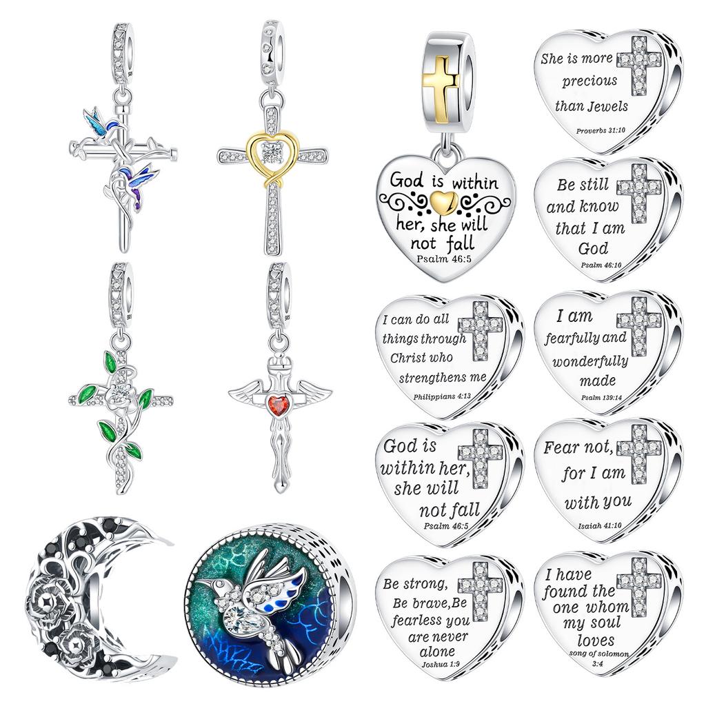 925 Silver The Bible Beads Cross Flower Bird Pendant Fit Bracelet Charm Bead Necklace Diy Female Jewelry Woman Gift