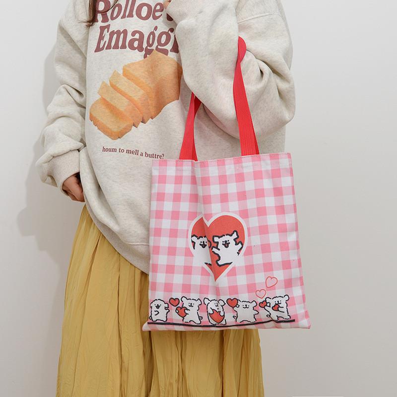 Cute Cat And Maltese Checkered Pattern Student Casual Canvas Bag For Student And Commuter
