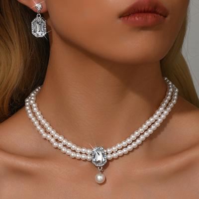 Double-Layer Pearl Necklace, Super Flash Full Diamond Fringed Necklace, Earrings Set, Women'S Light Luxury High-End Collarbone Chain, Neck Chain.