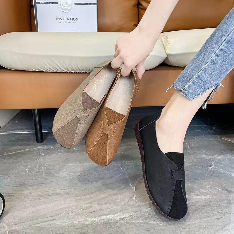 2025 Soft-Soled Flats: New Spring/Autumn Wide Leather Comfort Shoes in Black & Orange with Kitten Heels