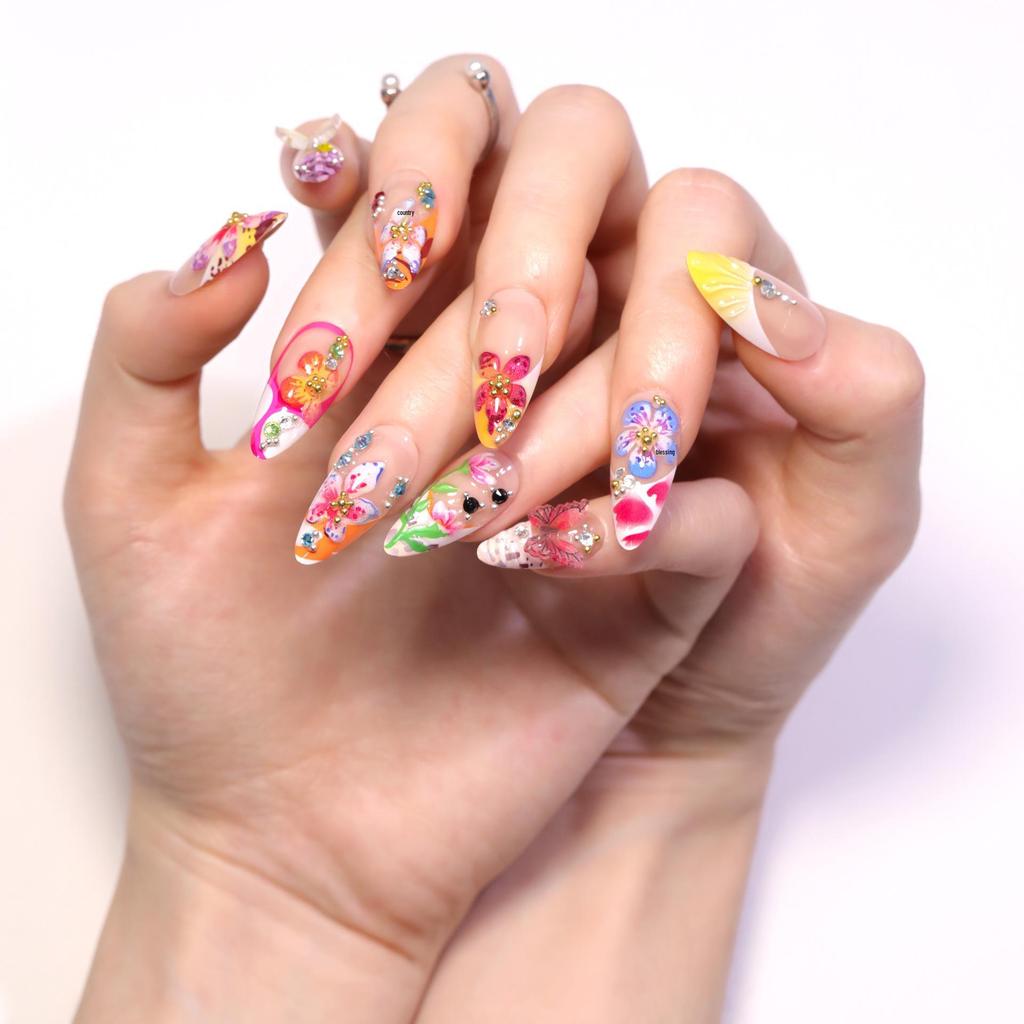 3D tropische Blumen-Nagelspitzen mit Strass-Schmetterlingen - Bunte französische Falschnägel für Kunstfertigkeit
