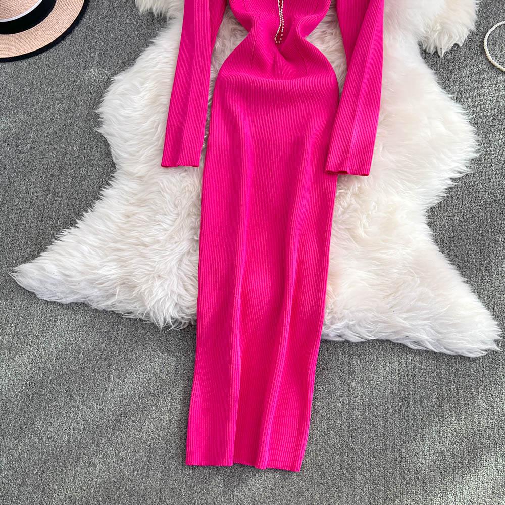 Elegantní kamínkové Tenký čtvercový výstřih bez zad Pletené tužkové šaty High Street Vintage večerní korejské sexy ženy podzimní zimní oblečení