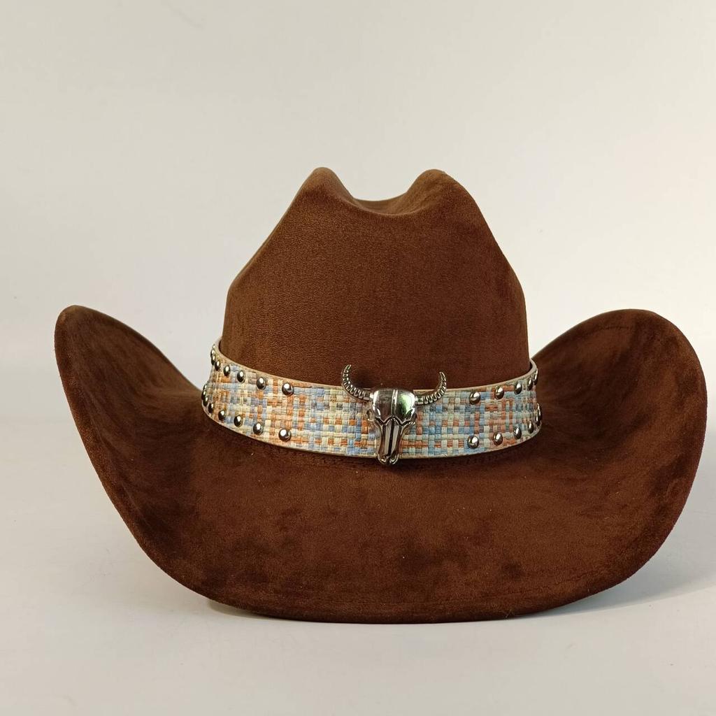Wildleder Western-Stil Leder Cowboyhut Damen Fedora Hut mit Gürtel doppelwandige Wildleder Krone Cowboyhut Herren Kirchenhut Cowboyhut