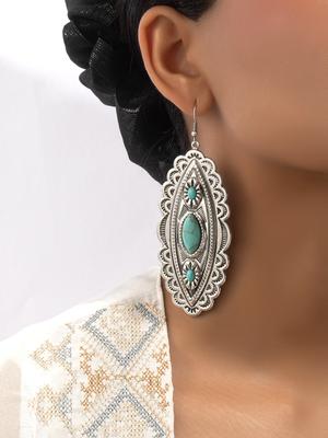 1 Pair Western Turquoise Stone Decor Engraved Concho Statement Earring for Women
