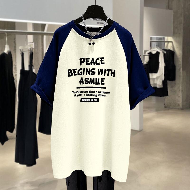 

Контрастная средней длины новая летняя повседневная футболка с надписями большого размера, свободная, с рукавами реглан и короткими рукавами для женщин XXXL