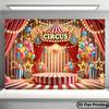 2D Circus Stage Background, Red Striped Tent with Platform & Balloons Themed Backdrop