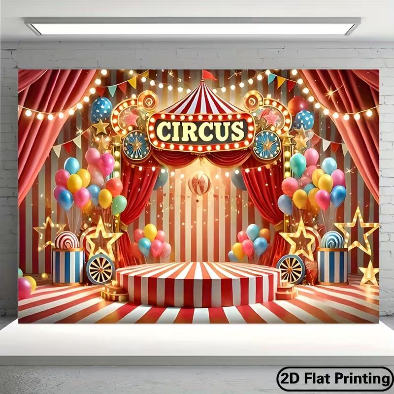 2D Circus Stage Background, Red Striped Tent with Platform & Balloons Themed Backdrop