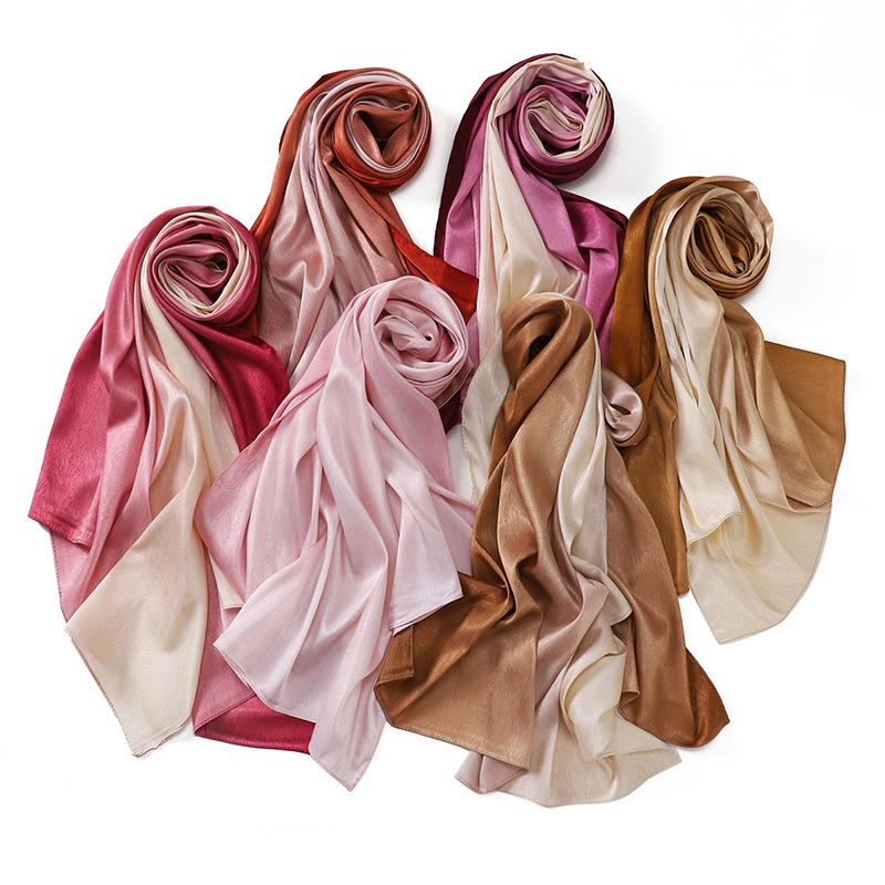 Design Fashion Gradient Color Classic Shiny Silk Scarf Women's Soft Headscarf Solid Color Shawl Headscarf Muslim Scarf