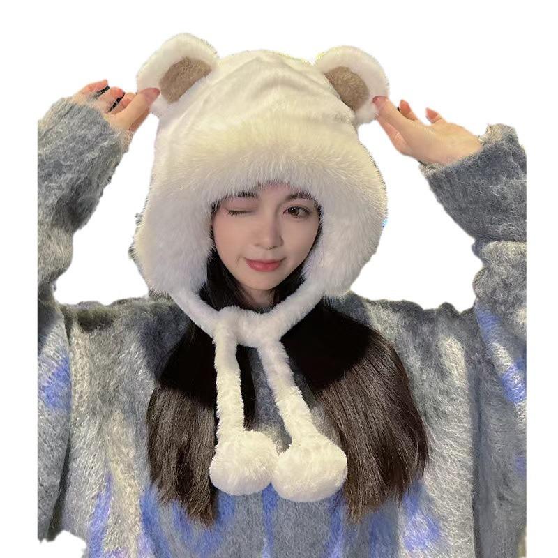 Cute Bear Plush Knit Hat Windproof Ear Cover Winter Riding Gear All-in-one Scarf Hat