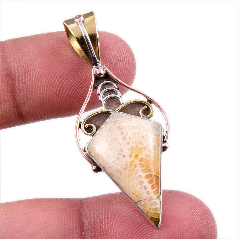 

Natural Fossil Coral 925 Solid Sterling Silver TwoTone Gift Pendant 1.75 J8M58