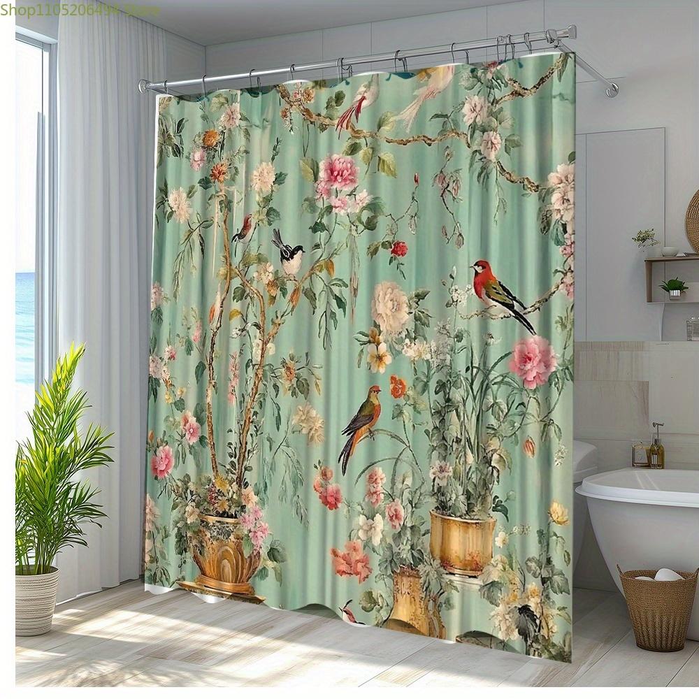 1pc Vintage Floral and Bird Shower Curtain Bathroom Decor Polyester Fabric with 12 Hooks 70.8x70.8 Inches