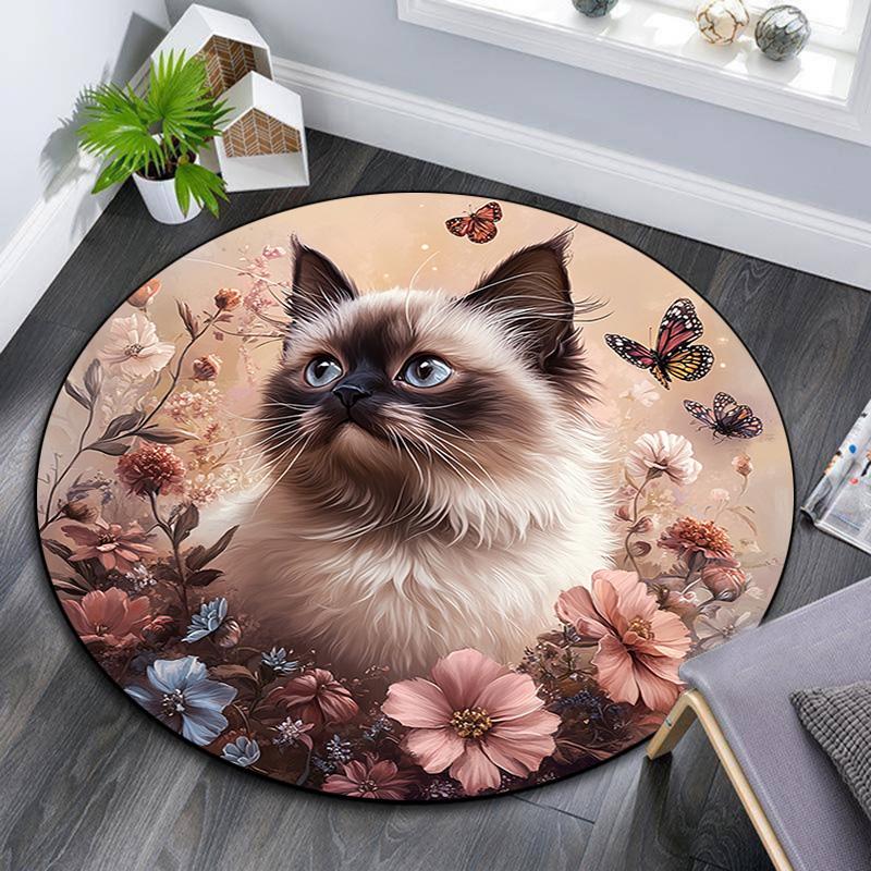 

Floral Cat Round Area Rug,Carpet Rug for Living Room Bedroom Sofa Playroom Decor,Non-slip Floor Mat 80cmx80cm