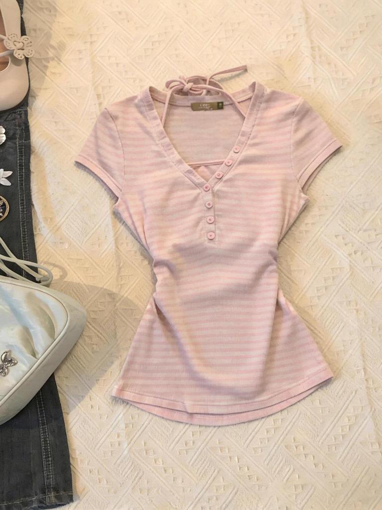 Retro Y2K Light Blue Striped Tie-Up Halter Camisole