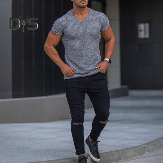 Tricou cu mânecă scurtă pentru bărbați, cu decolteu în V, pentru fitness, cu dungi sportive, de culoare uni, Tricou, îmbrăcăminte de gimnastică respirabilă, pentru sport, călătorii, birou