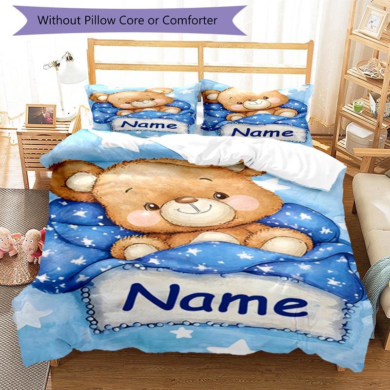 3PC Custom Name Teddy Bear Dreams Bedding Set Duvet Cover Closure Includes 1 Duvet Cover & 2 Pillowcases for Bedroom