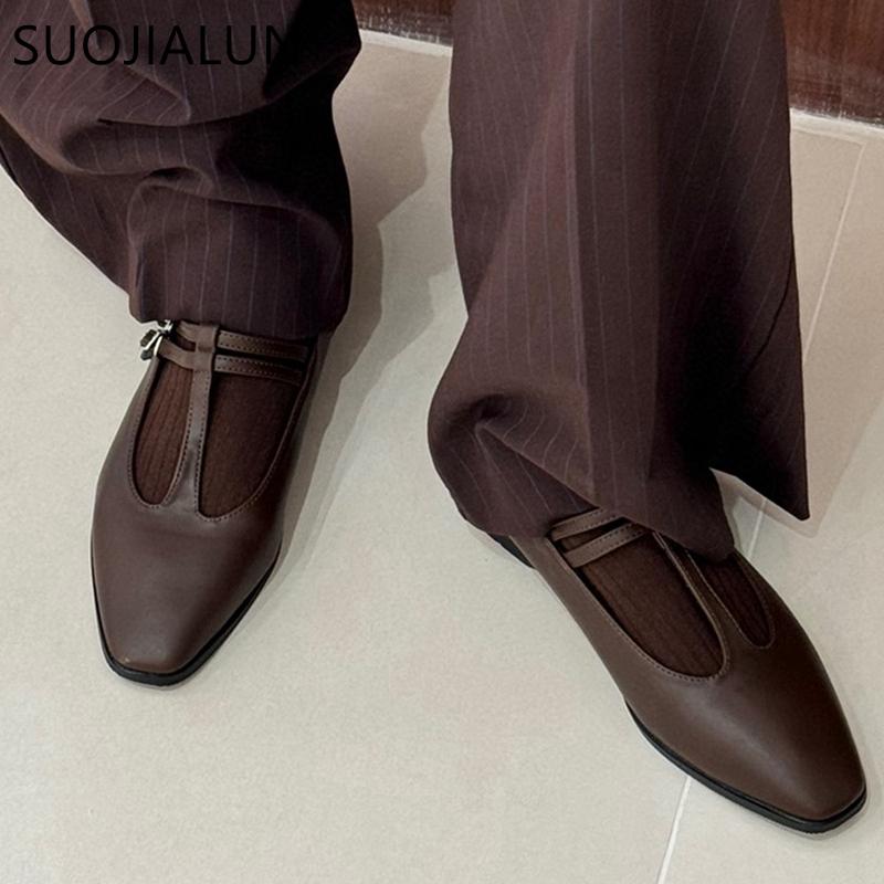 Fashion SUOJIALUN Spring New Women Flat Shoes Fashion Round Toe Shallow Slip On Ladies Mary Jane Shoes Flat Heel Outdoor Dress Ballerina